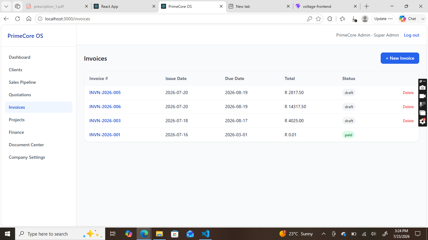 PrimeCore OS invoices list with draft and paid statuses