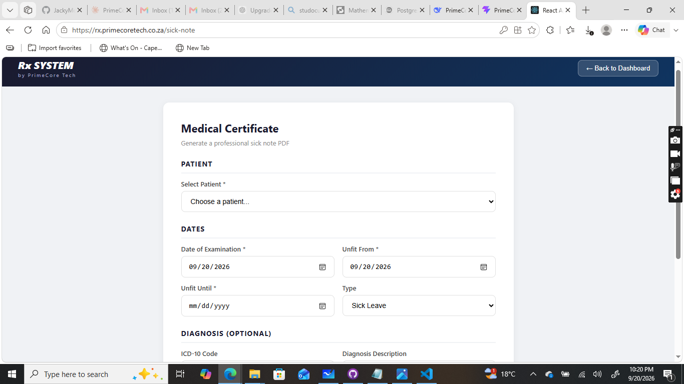 RX System medical certificate form for generating sick notes